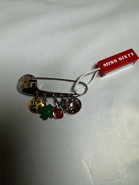Miss Sixty Silver Safety Pin Brooch with Gold, Green, Red, Purple Charms